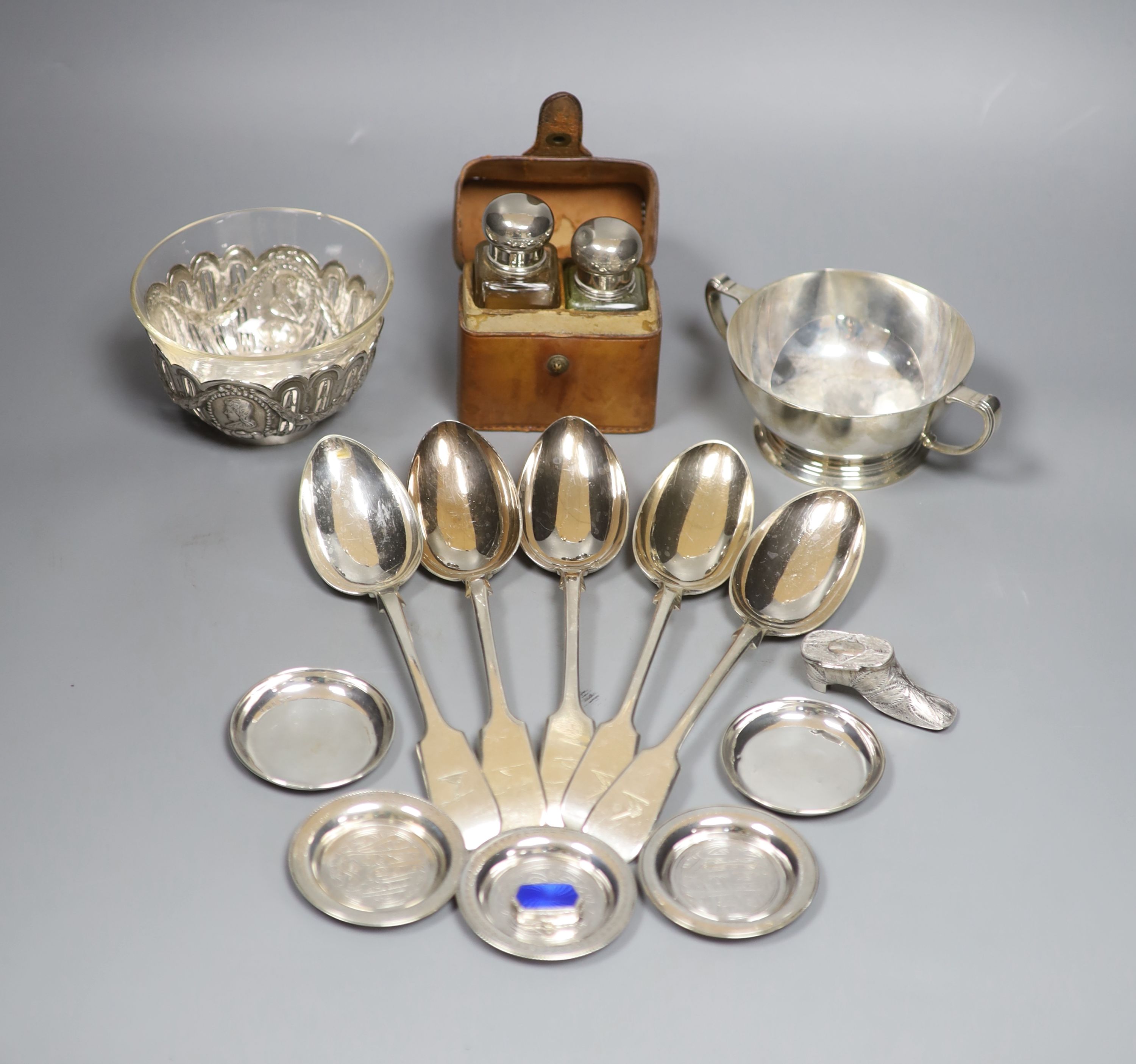 Mixed silver and plate.